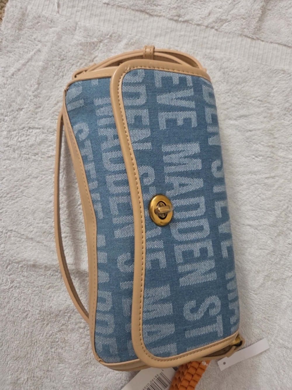 Steve Madden Blue Logo Jacquard Shoulder Bag with Tan Trim